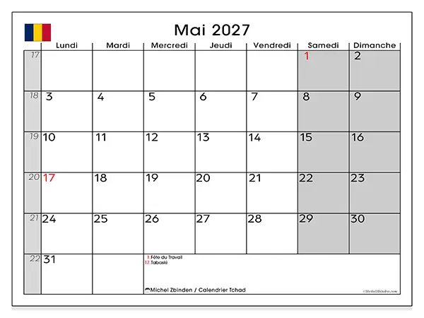 Calendrier mai 2027 à imprimer - Tchad