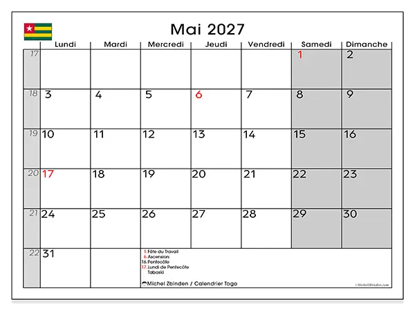 Calendrier mai 2027 à imprimer - Togo