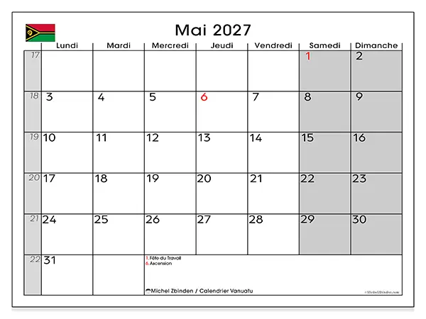 Calendrier mai 2027 à imprimer - Vanuatu