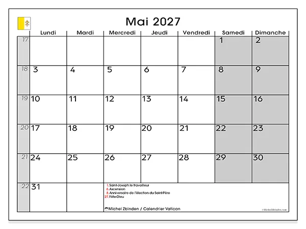Calendrier mai 2027 à imprimer - Vatican