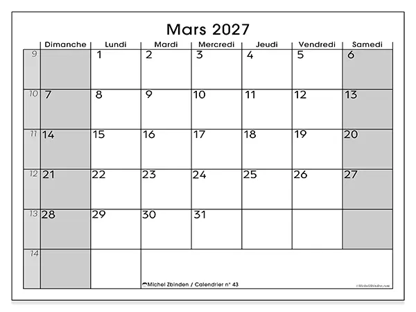 Calendrier mars 2027 à imprimer - Organisation parfaite - Semaine du dimanche au samedi