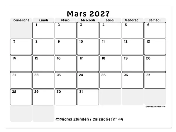 Calendrier mars 2027 à imprimer - Planning structuré - Semaine du dimanche au samedi