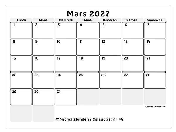 Calendrier mars 2027 à imprimer - Planning structuré