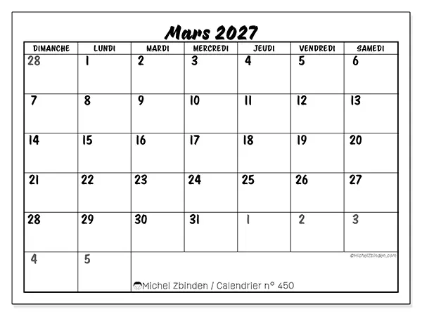Calendrier mars 2027 à imprimer - Organisation détaillée - Semaine du dimanche au samedi