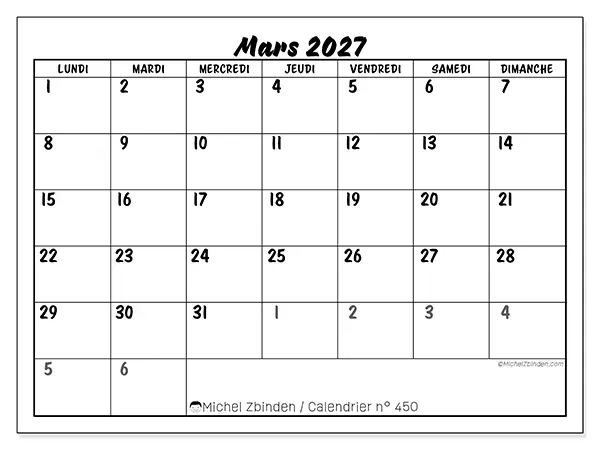 Calendrier mars 2027 à imprimer - Organisation détaillée