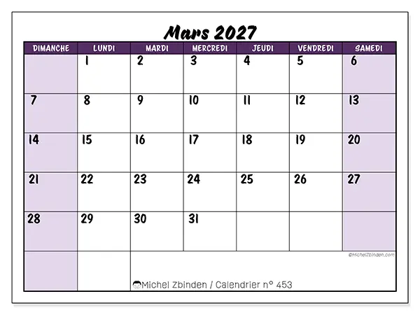 Calendrier mars 2027 à imprimer - Efficacité colorée - Semaine du dimanche au samedi