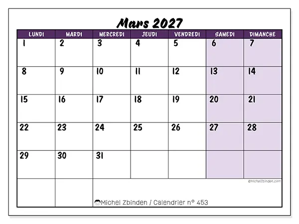 Calendrier mars 2027 à imprimer - Efficacité colorée