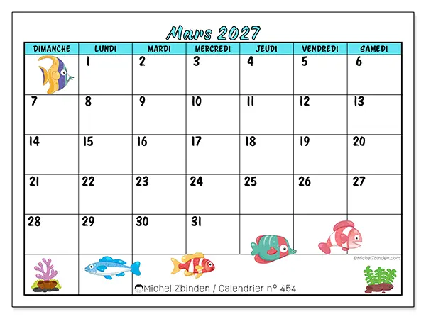 Calendrier mars 2027 à imprimer - Poissons colorés - Semaine du dimanche au samedi
