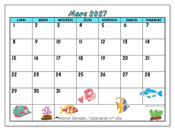 Calendrier mars 2027 à imprimer - Poissons colorés