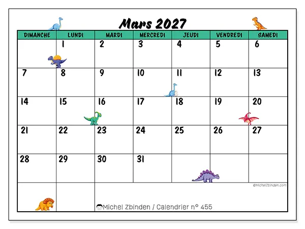 Calendrier mars 2027 à imprimer - Petits dinosaures - Semaine du dimanche au samedi