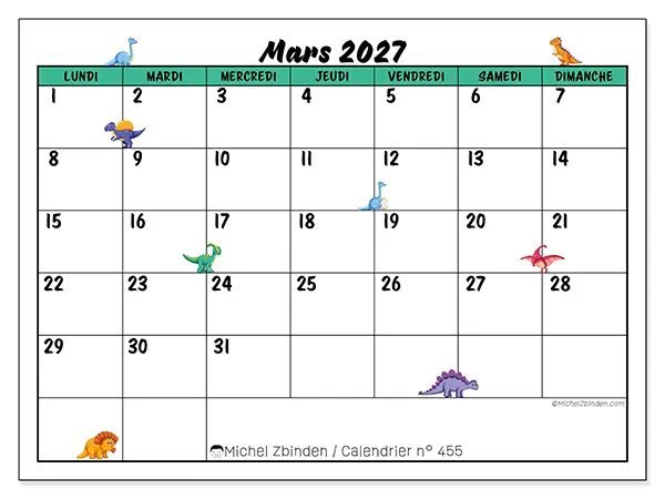 Calendrier mars 2027 à imprimer - Petits dinosaures