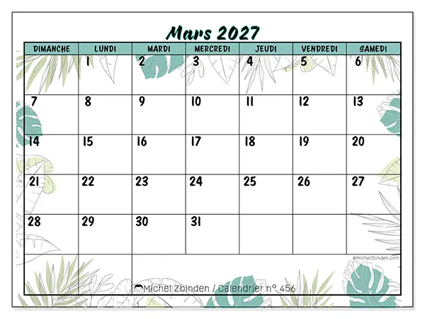 Calendrier mars 2027 à imprimer - Nature et jardin - Semaine du dimanche au samedi