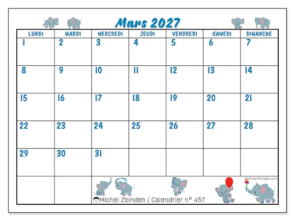 Calendrier mars 2027 à imprimer - Petits éléphants