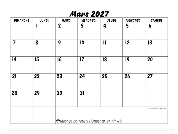 Calendrier mars 2027 à imprimer - Réussite scolaire - Semaine du dimanche au samedi