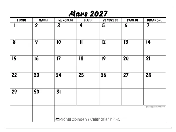 Calendrier mars 2027 à imprimer - Réussite scolaire