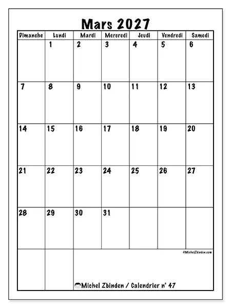 Calendrier mars 2027 à imprimer - Planning efficace - Semaine du dimanche au samedi