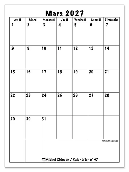 Calendrier mars 2027 à imprimer - Planning efficace