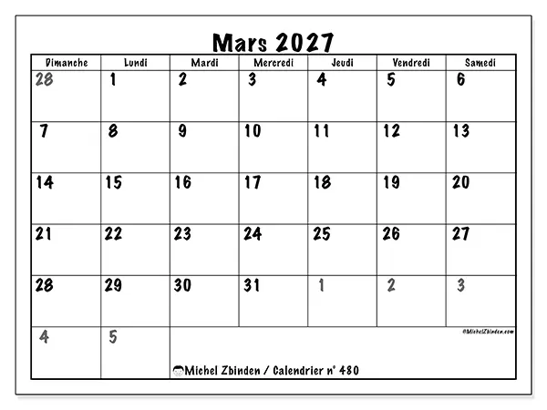 Calendrier mars 2027 à imprimer - Planification complète - Semaine du dimanche au samedi