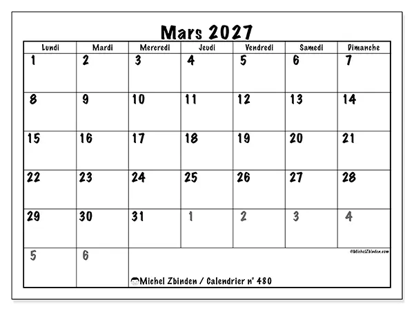 Calendrier mars 2027 à imprimer - Planification complète