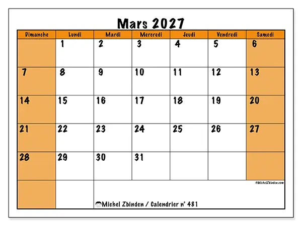 Calendrier mars 2027 à imprimer - Planning dynamique - Semaine du dimanche au samedi