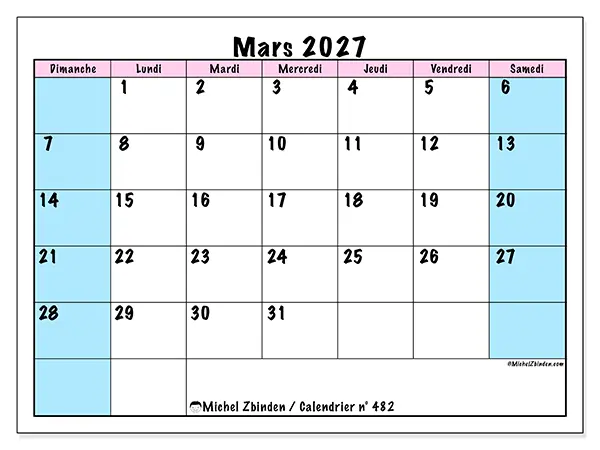 Calendrier mars 2027 à imprimer - Horaire d’équipe - Semaine du dimanche au samedi