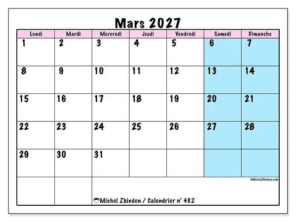 Calendrier mars 2027 à imprimer - Horaire d’équipe