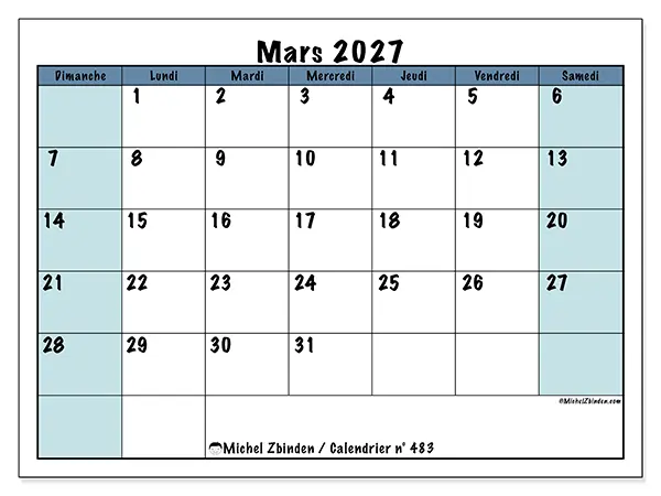 Calendrier mars 2027 à imprimer - Structuré pour l’école - Semaine du dimanche au samedi