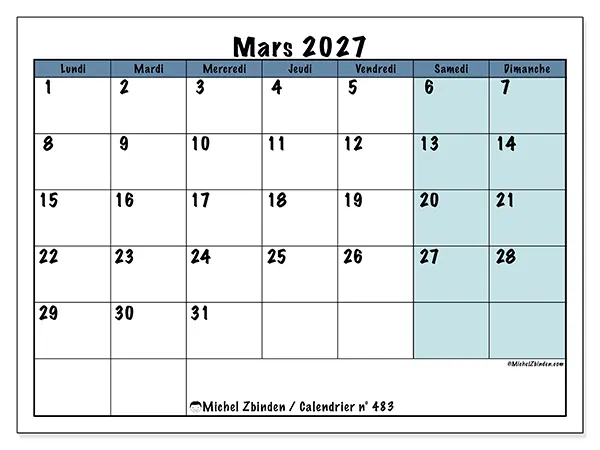 Calendrier mars 2027 à imprimer - Structuré pour l’école