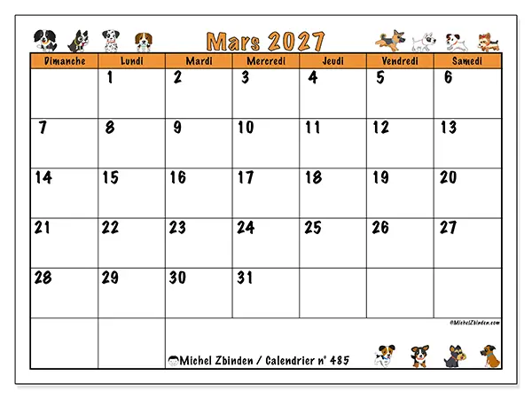 Calendrier mars 2027 à imprimer - Chiens enthousiastes - Semaine du dimanche au samedi