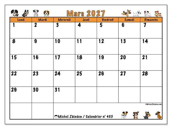 Calendrier mars 2027 à imprimer - Chiens enthousiastes