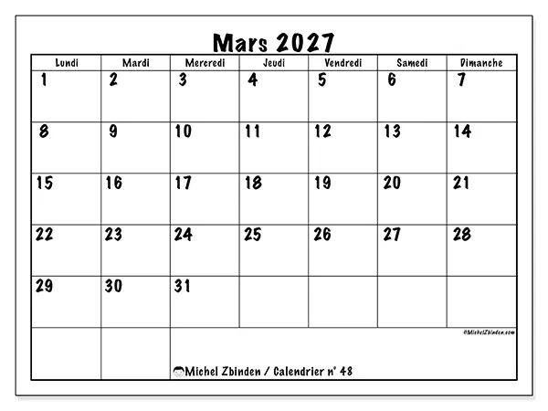 Calendrier mars 2027 à imprimer - Efficacité quotidienne