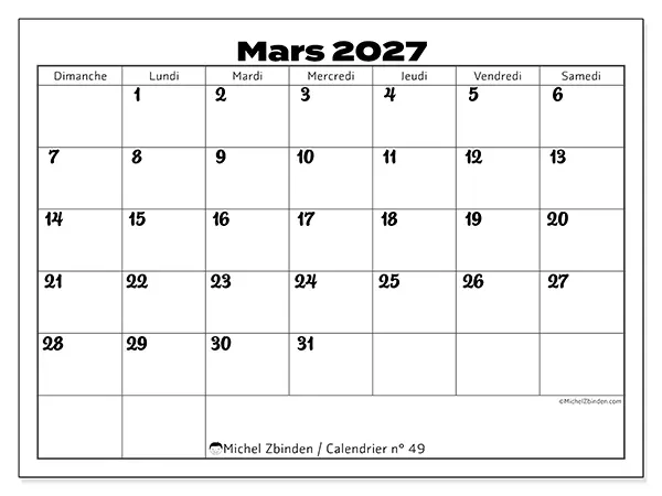 Calendrier mars 2027 à imprimer - Coordination productive - Semaine du dimanche au samedi