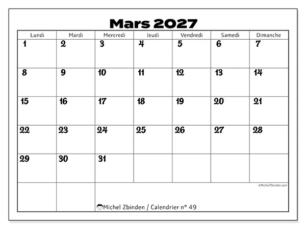 Calendrier mars 2027 à imprimer - Coordination productive
