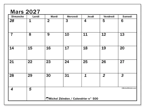 Calendrier mars 2027 à imprimer - Planning intensif - Semaine du dimanche au samedi