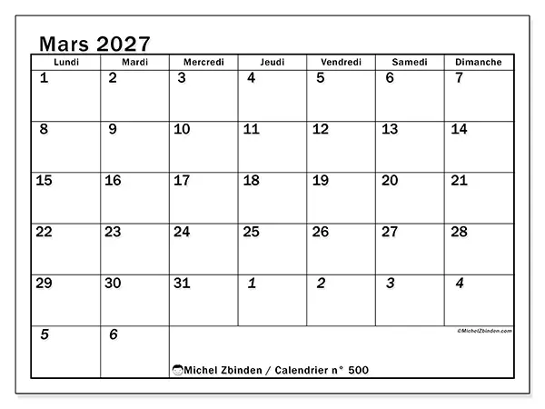 Calendrier mars 2027 à imprimer - Planning intensif