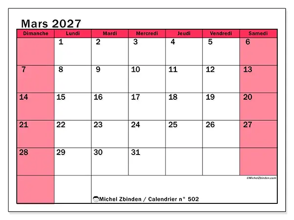 Calendrier mars 2027 à imprimer - Gestion lumineuse - Semaine du dimanche au samedi