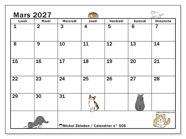 Calendrier mars 2027 à imprimer - Vie de chat