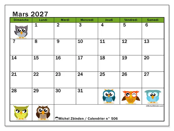 Calendrier mars 2027 à imprimer - Hiboux amusants - Semaine du dimanche au samedi