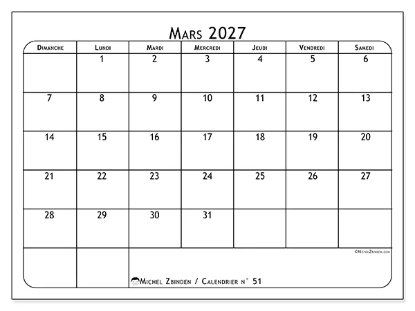 Calendrier mars 2027 à imprimer - Programme des repas - Semaine du dimanche au samedi