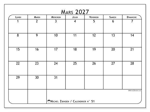 Calendrier mars 2027 à imprimer - Programme des repas