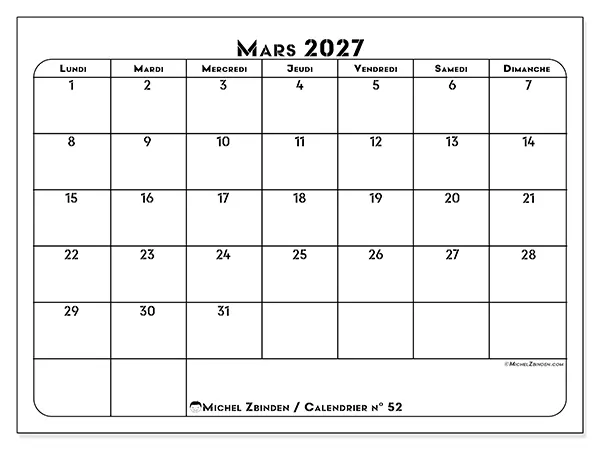 Calendrier mars 2027 à imprimer - Organisation professionnelle
