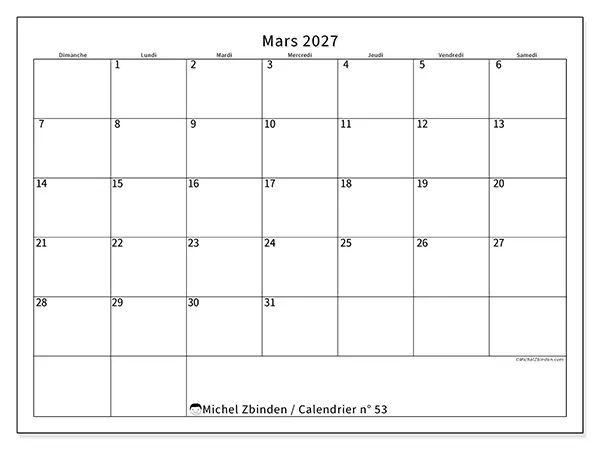 Calendrier mars 2027 à imprimer - Horaire efficace - Semaine du dimanche au samedi