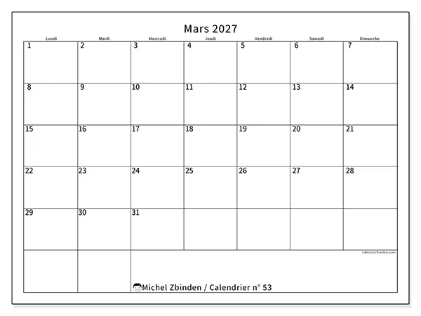 Calendrier mars 2027 à imprimer - Horaire efficace