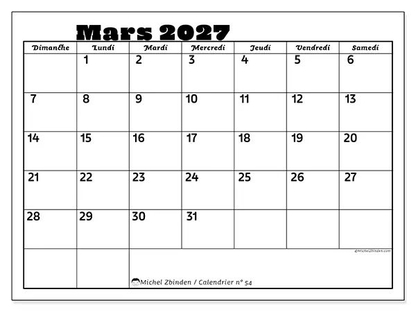 Calendrier mars 2027 à imprimer - Activités en famille - Semaine du dimanche au samedi