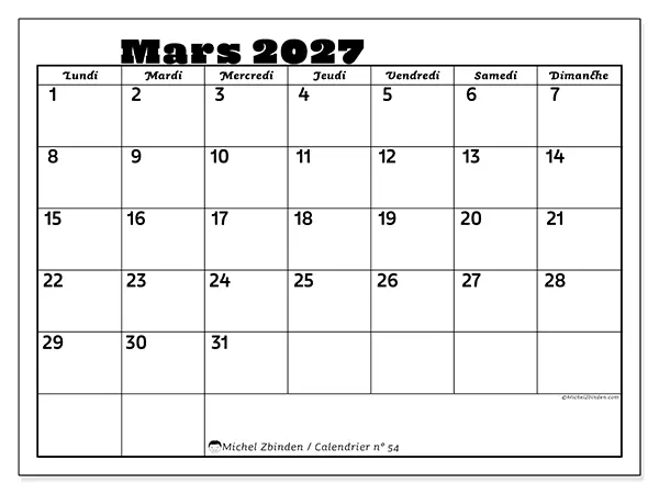 Calendrier mars 2027 à imprimer - Activités en famille