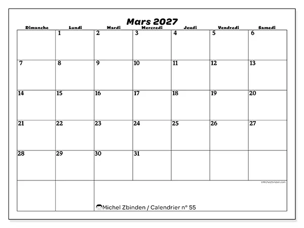 Calendrier mars 2027 à imprimer - Organisation des loisirs - Semaine du dimanche au samedi