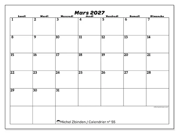 Calendrier mars 2027 à imprimer - Organisation des loisirs