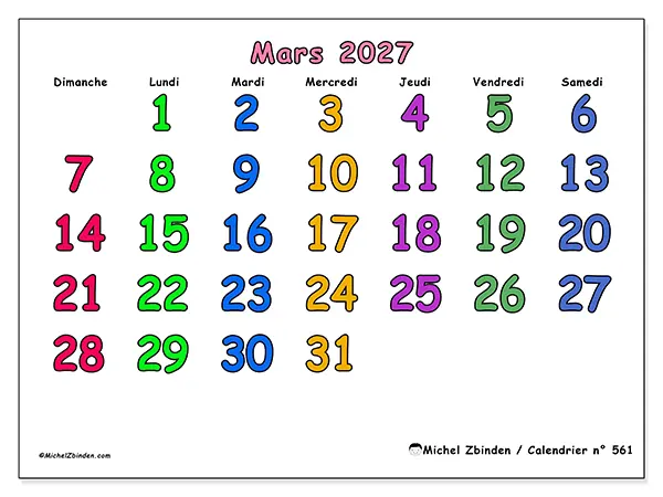 Calendrier mars 2027 à imprimer - Moments créatifs - Semaine du dimanche au samedi