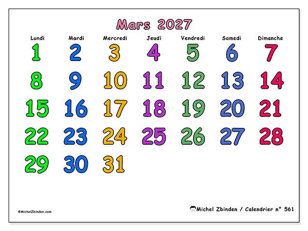 Calendrier mars 2027 à imprimer - Moments créatifs