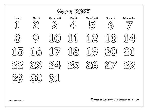 Calendrier mars 2027 à imprimer - Coloriage utile